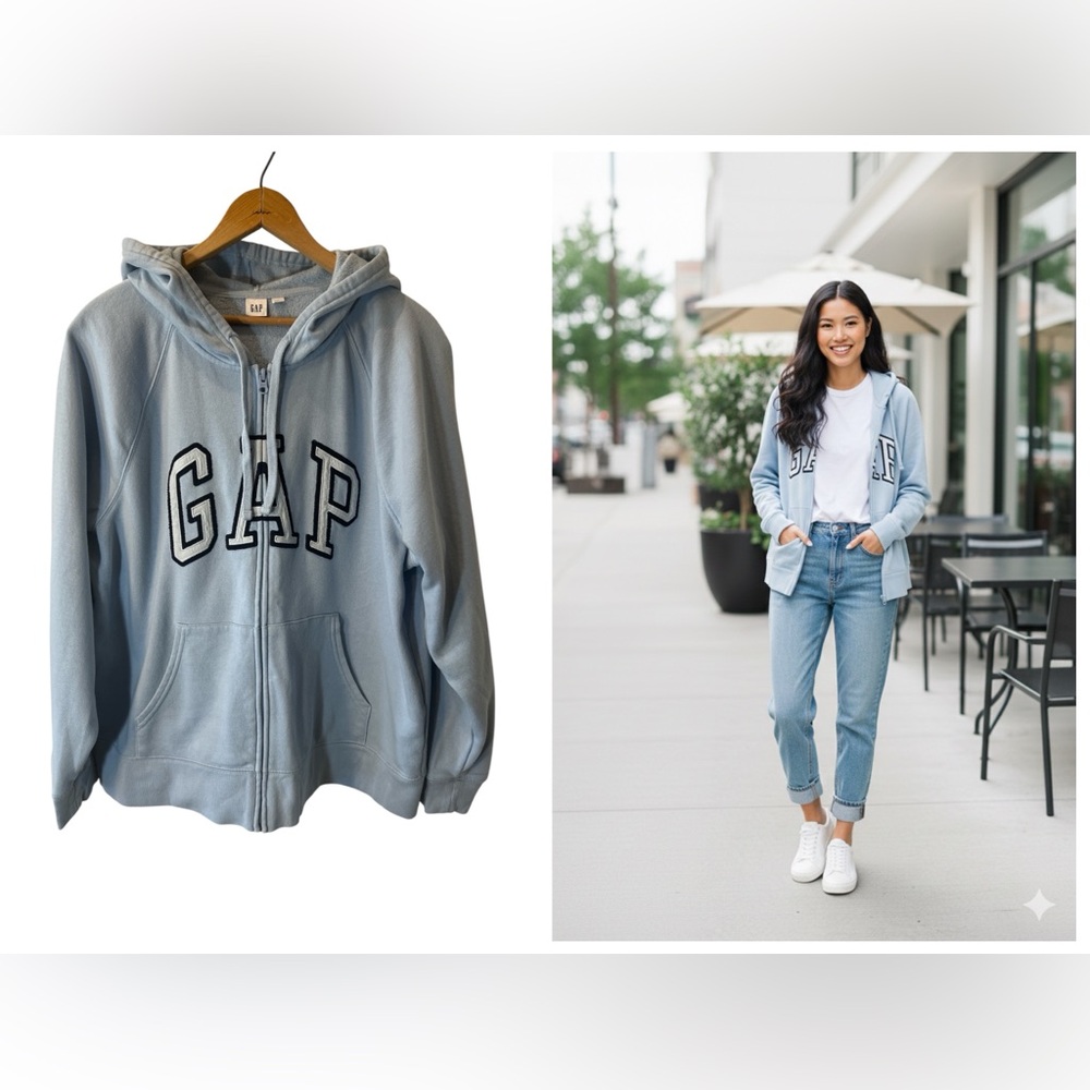 GAP Women's Light Blue Zip-Up Hoodie -Y2K Aesthetic